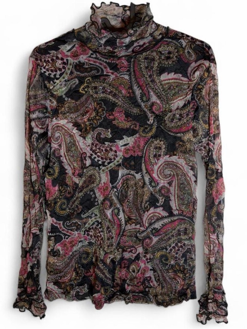 Y2K Paisley print mesh long sleeve top with ruffled collar size small